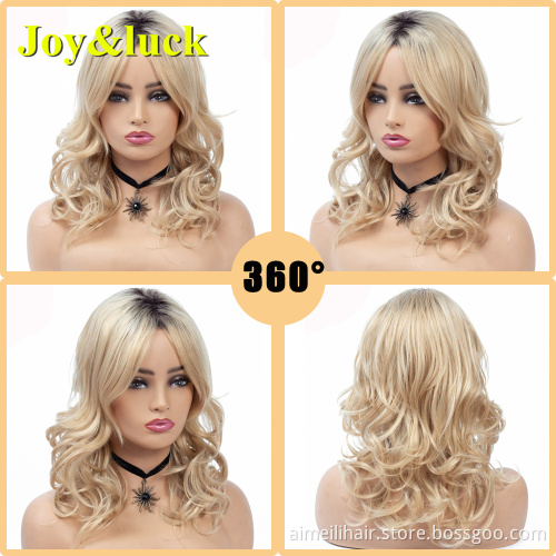 Women Wig Wholesale Prices Daily Life Party Dark Root Mid-length Black Ombre Blonde Natural Curl Middle Part Synthetic Full Wigs